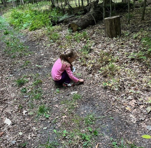 A girl kneeling on the ground in the woods.